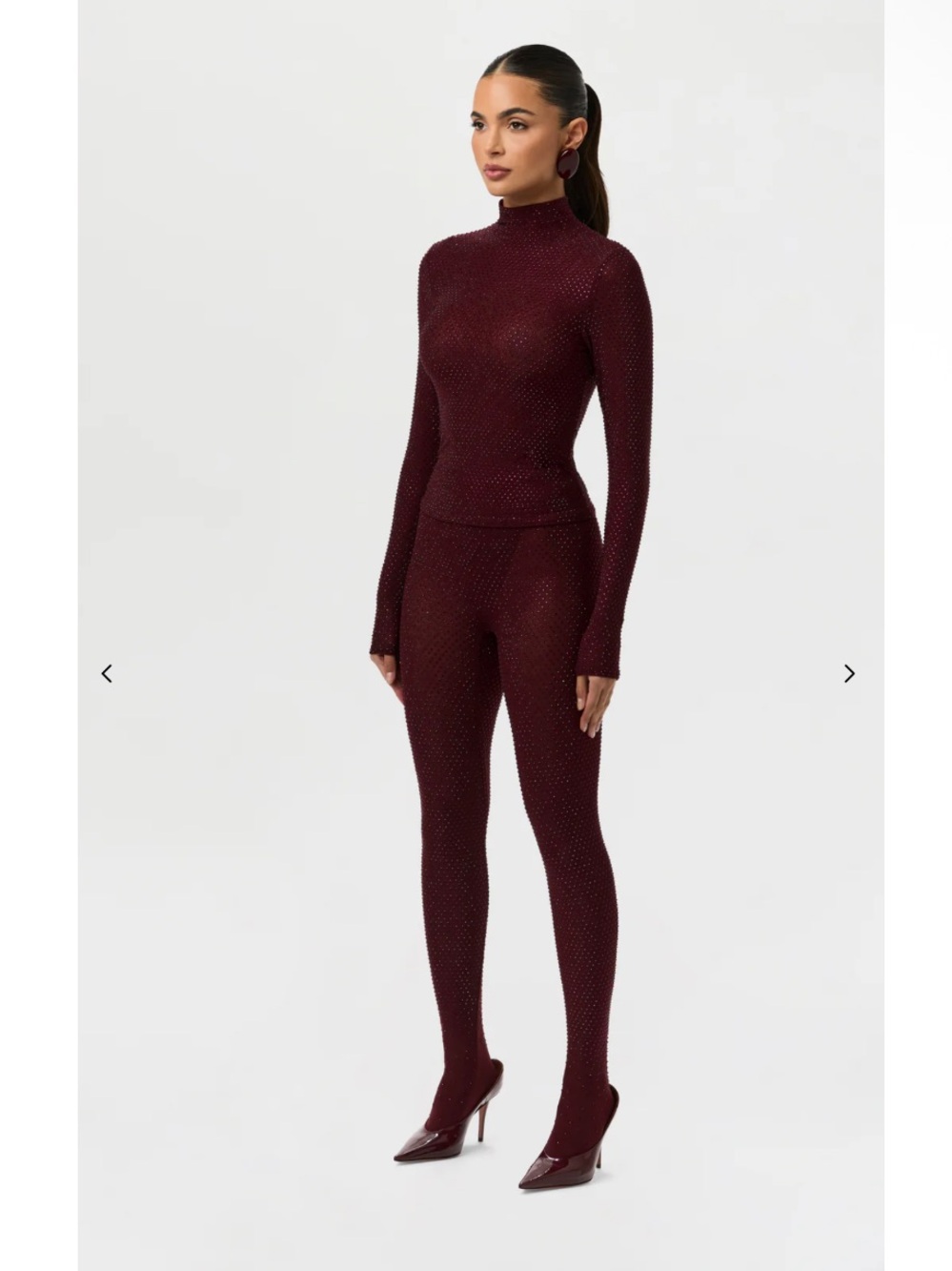 Naked Wardrobe Crystal Closed Toe Rhinestone Embellished Burgundy Leggings NEW